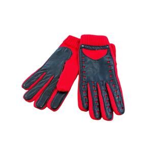 Vintage Winter Gloves Leather & Knit Red Black Palm & Fingers Wanamaker NOS